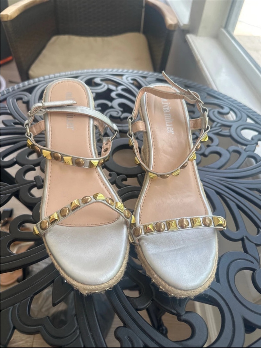 Olivia Miller Gold-Studded Silver Espadrille Sandals